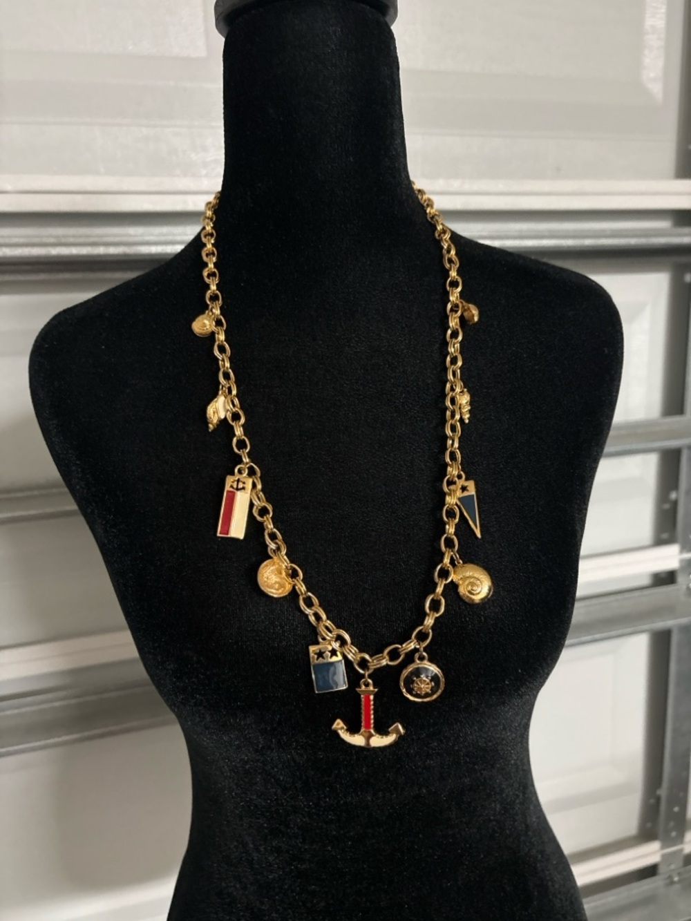 Gold-Tone Nautical Charm Necklace with Red, Navy & Black Accents
